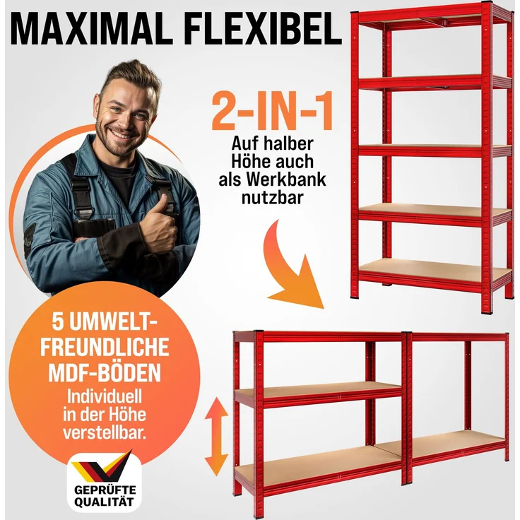 MONZANA® 2x Schwerlastregal 180x90x40cm rot 1750kg – Bild 5