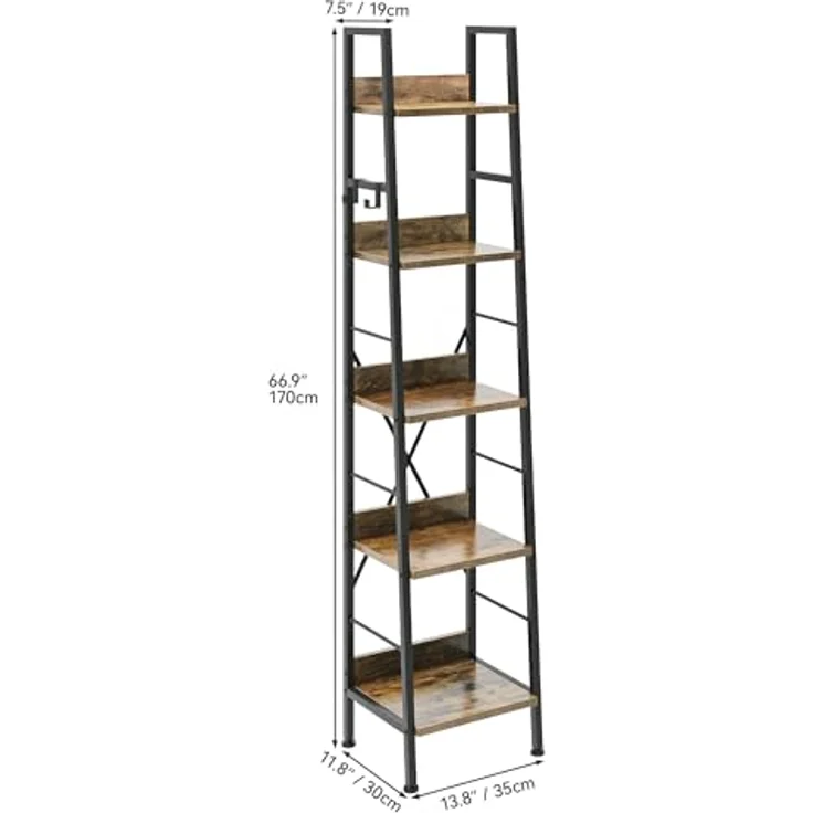 YITAHOME Bücherregal mit 5 Ebenen, industrielles Leiterregal, freistehendes Holzregale und Metallrahmen, modernes Regal für Wohnzimmer, Flur, Vintagebraun – Bild 4