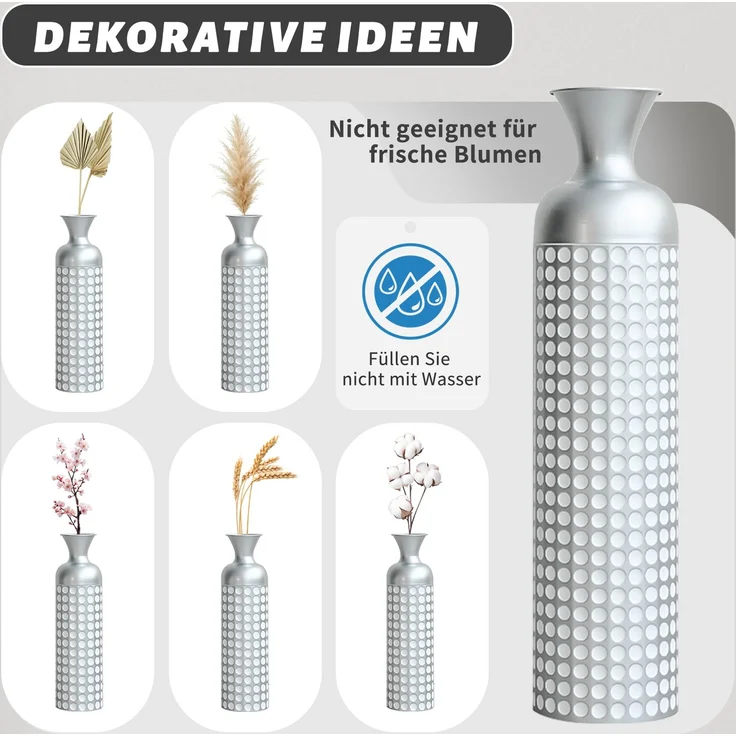Metall Bodenvase Silber, 3er Set Moderne Hochglanz Vase mit Punktmuster, 49,5/66/84 cm Groß Dekovase für Wohnzimmer, Esszimmer, Flur, Deko für Trockenblumen und Pampasgras--Silber--92x24.5x24.5cm--YOUDENOVA – Bild 5
