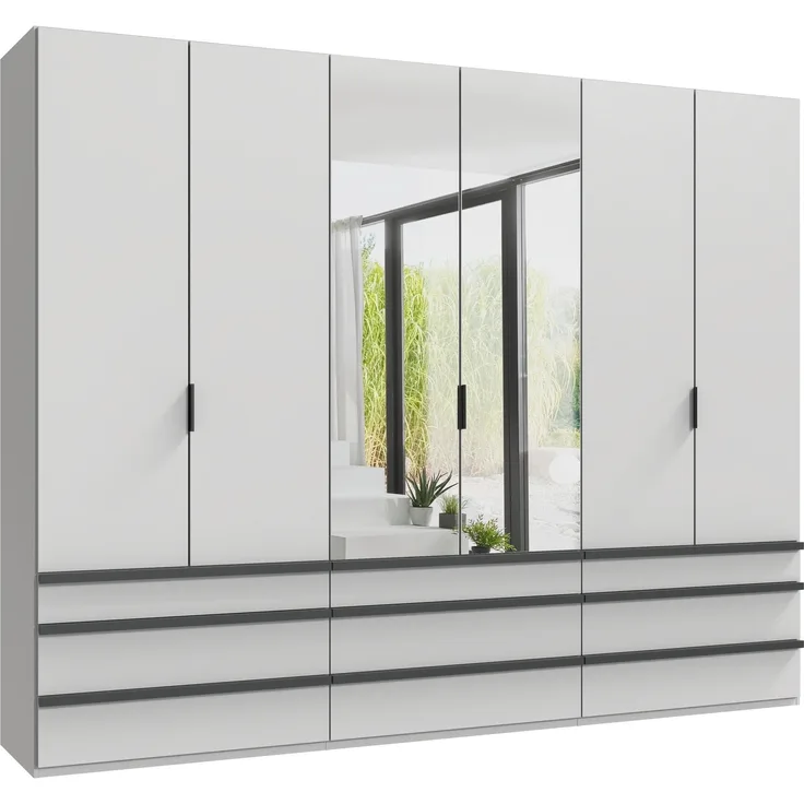 Falttürenschrank >OXFORD< in WEISS mit Spiegel - 300x216x58cm (BxHxT)