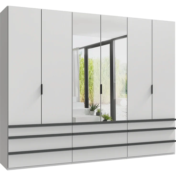 Falttürenschrank >OXFORD< in WEISS mit Spiegel - 300x216x58cm (BxHxT) – Bild 1