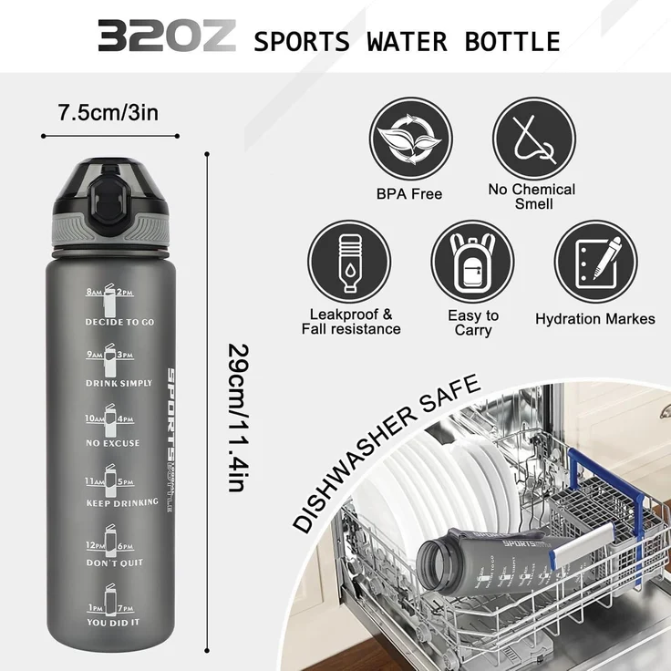 Sport Trinkflasche 1L BPA-frei mit Stroh Mattgrau Zeitmarkierungen – Bild 5