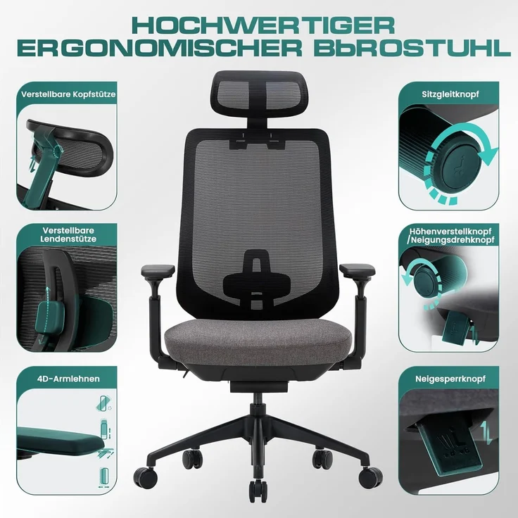 COLAMY Ergonomischer Mesh-Bürostuhl, Chefsessel mit hoher Rückenlehne, Verstellbarer Kopfstütze und 4D-Armlehnen, Schiebesitz, Kippsperre, Dunkelgrau – Bild 5