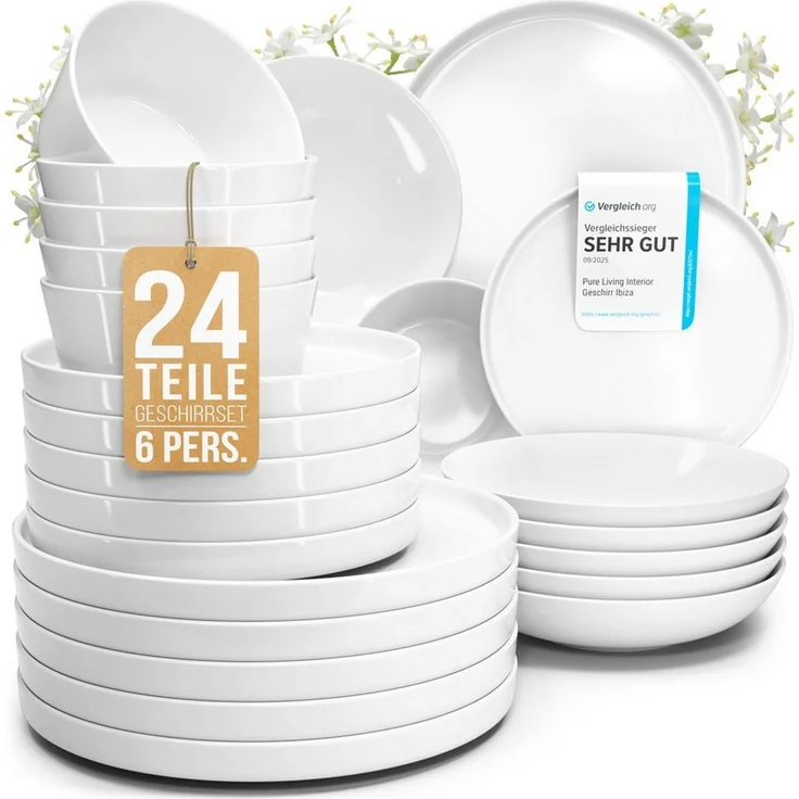 PURE LIVING INTERIOR DESIGN Geschirr-Set Pure Living »Crystal« (24-tlg), 6 Personen, Porzellan Weiß, 6 Personen, Porzellan, Zeitloses minimalistisches Design, Reines Weiß – elegant & schlicht, … – Bild 1