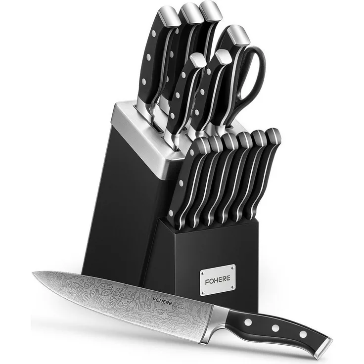 FOHERE Messer-Set 14-teiliges Messerset mit integriertem Schärfer und Wellenmuster (Set, 14-tlg), ergonomische Griffe, modernes Messerblock