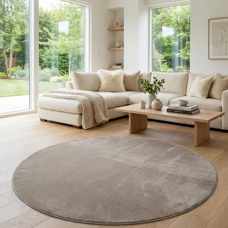 Jimri Flauschiger Teppich Läufer - Hochwertiger Kurzflor für Zuhause, Büro, Küche, Eingang, Flur, Wohnzimmer - Maschinenwaschbar - Rutschfester Teppich Waschbar - 120 cm Rund - Taupe