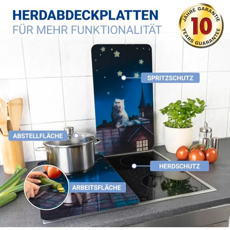 WENKO Herd-Abdeckplatte Universal Modell Moon Cat, Glas, (Set, 2 tlg), Herdabdeckung für alle Herdarten, kratzfest, mit rutschfesten Füßen – Bild 3