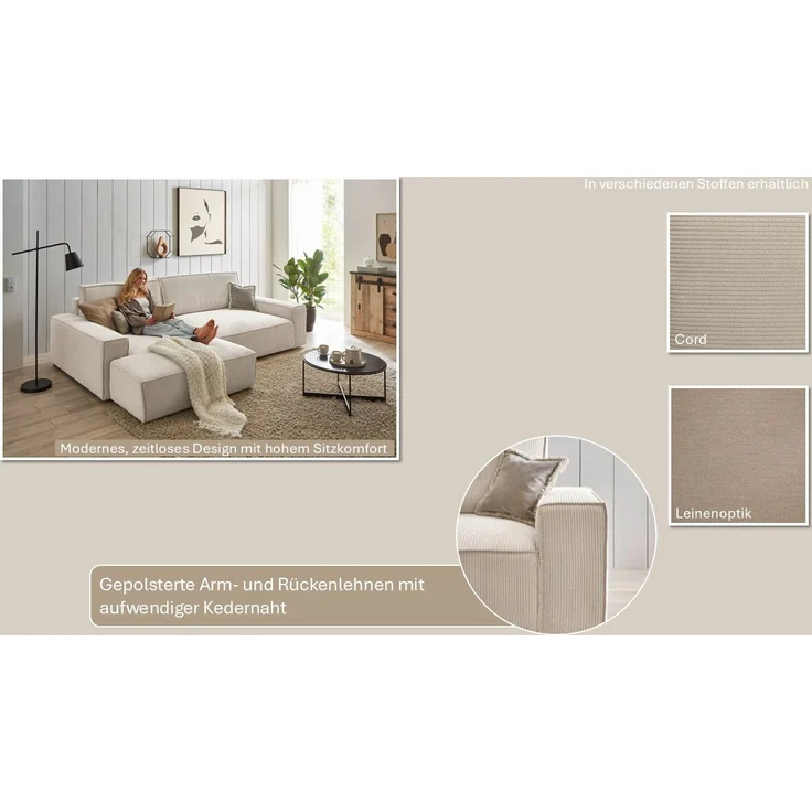 Home affaire Ecksofa NEU: SHERWOOD XXL 284, Big-Sofa L-Form, tiefe Sitzfläche 95 cm, Cord, Recamiere rechts/links, als Schlafsofa stellbar, Cord u. Leinenoptik – Bild 2