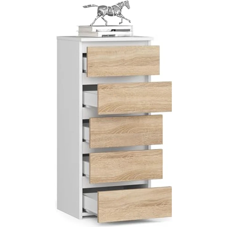 Home Collective Kommode 40 cm breit Holz Highboard Sideboard für Flur Schlafzimmer Wohnzimmer (Mehrzweckschrank Schrank schmal Kommode Schlafzimmer mit Schubladen), Kinderzimmer Organizer, 92 cm hoch mit 5 Schubladen weiß-sonoma Eiche – Bild 5