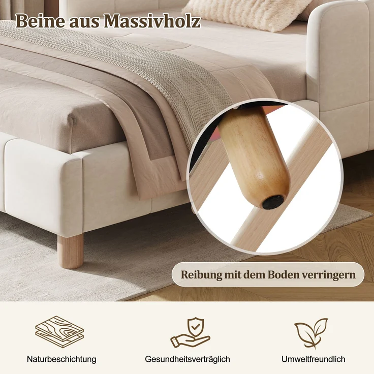 Merax Polsterbett, Einzelbett, Kinderbett 90x200 cm, Bett mit und gepolstertes Kopfteil und Rausfallschutz, Bettbeine aus Massivholz, Samt, beige – Bild 7