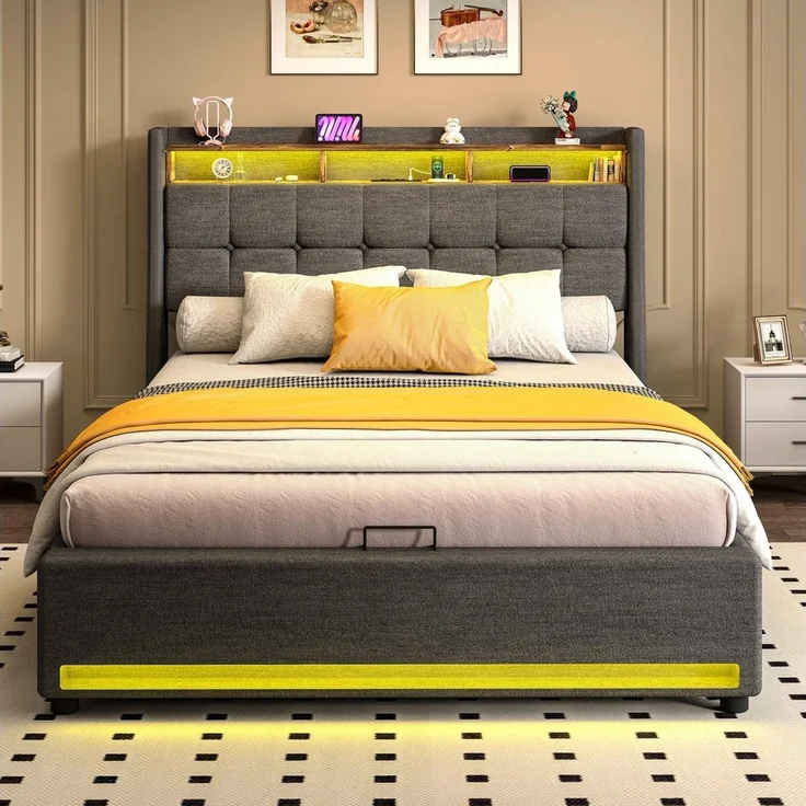 oyajia Polsterbett Doppelbett mit Stauraum gepolstertem Kopfteil (mit LED-Beleuchtung 90/140/160x200cm und hydraulischem Stauraum), Modernes Jugendbett, Leises Design Bett, Max. Belastbarkeit 365 kg – Bild 3