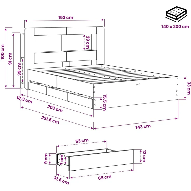 vidaXL Bettgestell mit Stauraum und Kopfteil Artisan-Eiche 3445818 – Bild 10