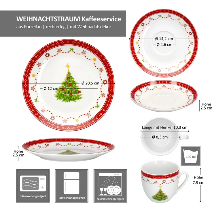 18tlg Kaffeeservice Weihnachtstraum Porzellan 6 Pers. Tassen Teller – Bild 7