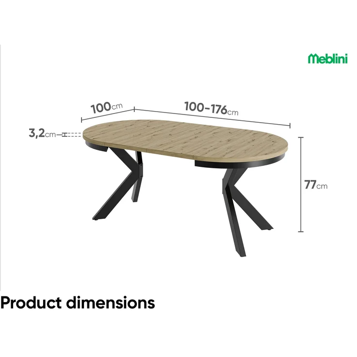 MEBLINI Esstisch Rund Ausziehbar aus Metall - 100-176x77cm - BAGIO - Artisan Eiche/Schwarz Matt - Loft - Esszimmertisch Modern - Küchentisch - Ausziehtisch - Round Dining Table - Esszimmertische – Bild 7
