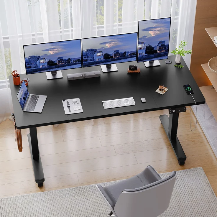 Devoko Höhenverstellbarer Schreibtisch Holzwerkstoff und Metall Schwarz 160 x 80 x 72-118 cm – Bild 1