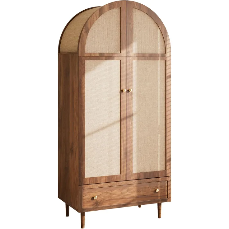 Kleiderschrank mit Schubladen, Holztüren mit Leinenstoff-Bezug, großer Stauraum, Garderobenschrank für Schlafzimmer, Walnussoptik, 175 x 50 x 79 cm
