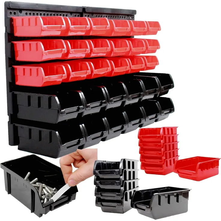 Stapelboxen mit Wandregal rot 32 tlg, Kleinteilemagazin