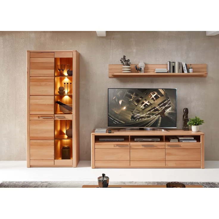Wohnwand >Nature One< 3-teilig, mit LED, FSC, in Kernbuche teimassiv - 310x203x45cm (B/H/T)