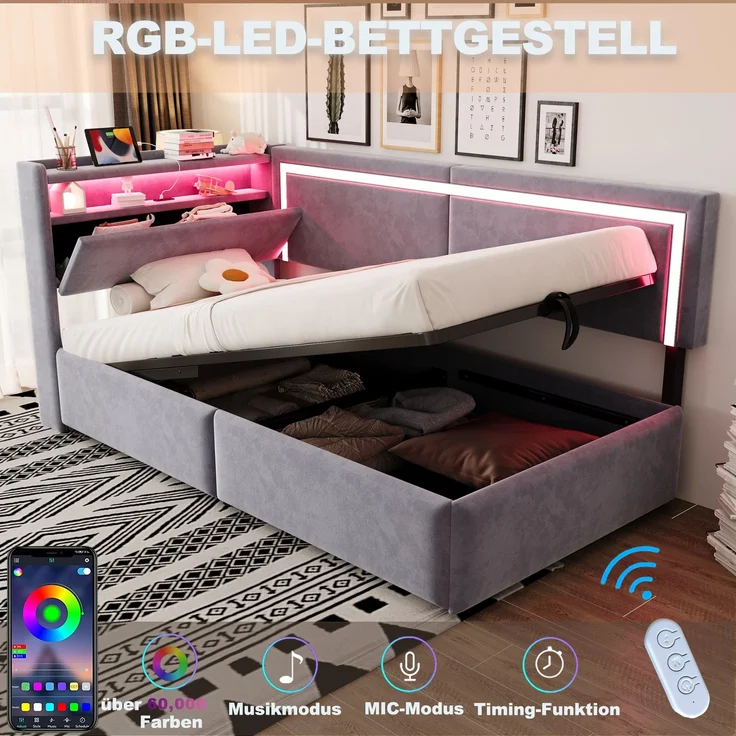EINHOM Polsterbett Schlafsofa 90 x 200 cm, Samt, mit LED-Beleuchtung und USB-Ladeanschlüssen, Kopfteil Lässt Sich zum Verstauen Öffnen, Hydraulisches Stauraumsystem unter dem Bett, Hellgrau, (Ohne Matratze) – Bild 6