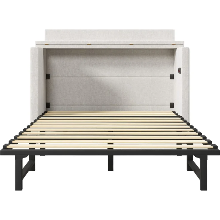 Schrankbett mit Mehrfachsteckdose und Schubladen, 140x200cm, Wandklappbett, horizontal klappbar, platzsparend, Leinen – Bild 8