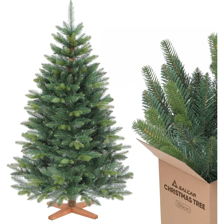 Salcar Künstlicher Weihnachtsbaum Christbaum PE PVC Nordmanntanne Tannenbaum mit Echtholz Baumständer, Nordmanntanne, 150 cm, Ø101 cm, zweifarbig, naturgetreu nachgebildetes Kunstmaterial