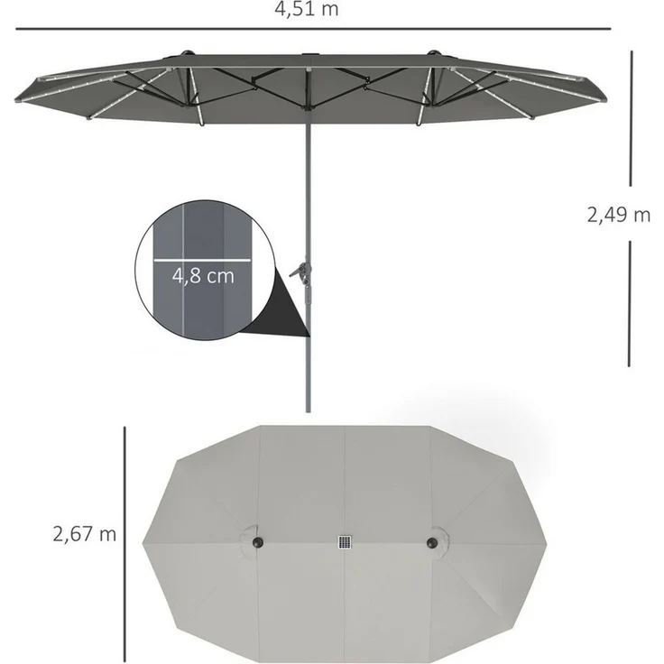 Outsunny Sonnenschirm mit Handkurbel, Solar-Lichtern, LxB: 451x267 cm, Doppelsonnenschirm aus Aluminium, Balkonschirm UV 50+, für Strand, Balkon, Garten, 451x267 cm, Dunkelgrau – Bild 2