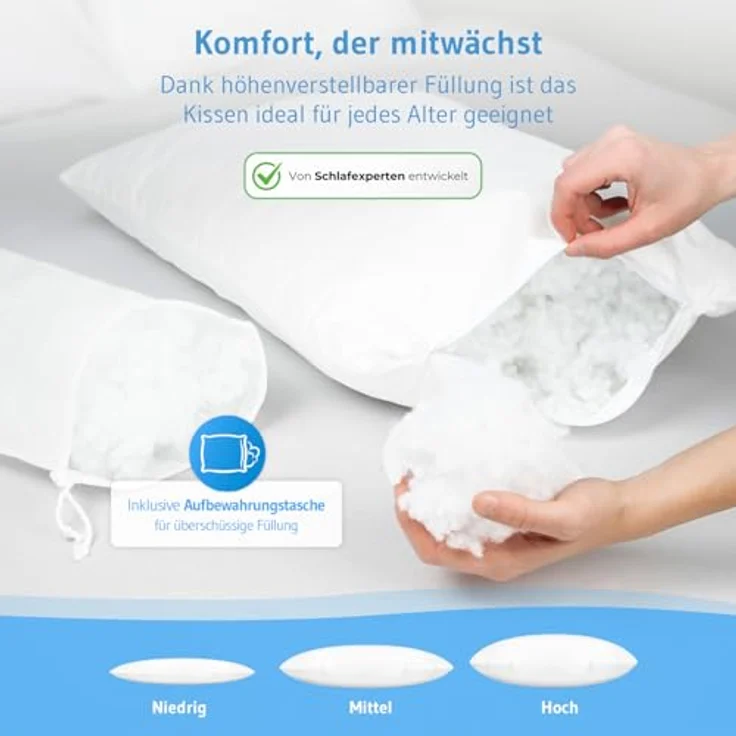 Third of Life Baumwollkissen TILLA Kinderkissen ab 2 Jahren (40×60), Füllung: 100 % recycelte Polyesterfaser (rPET), Bezug: 100 % Baumwolle (Bio), Seitenschläfer, Rückenschläfer, Bauchschläfer, Bio-Baumwolle, höhenverstellbar, atmungsaktiv, allergikerf... – Bild 3
