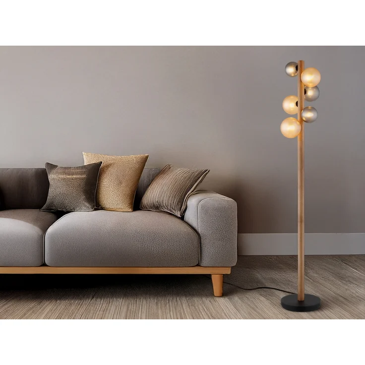 LED Stehleuchte aus Holz 6-flammig Glaskugeln Rauchglas & Bernstein, H: 150cm – Bild 6