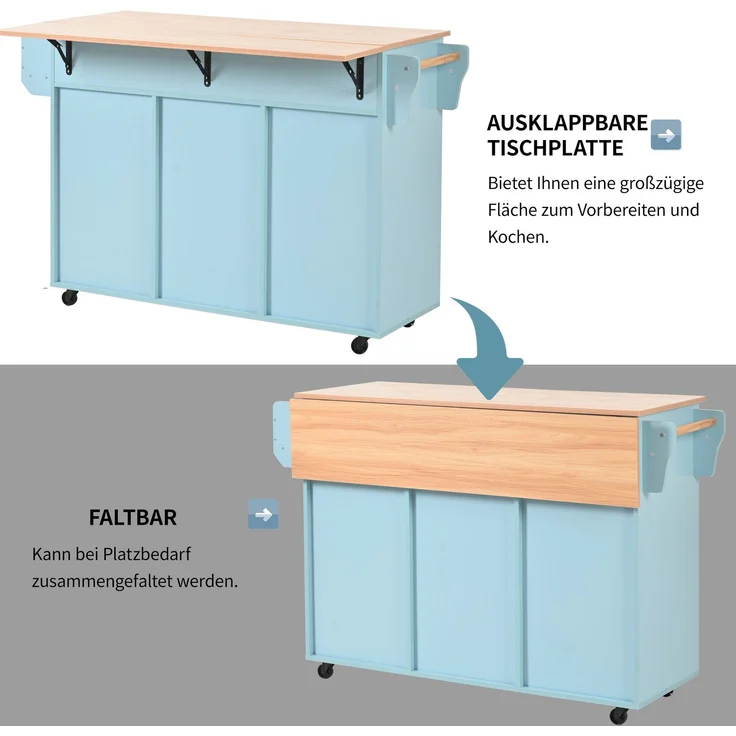Küchenwagen mit klappbarer Arbeitsplatte & Stauraum, 139x46(71)x91,5 cm, Blau – Bild 6
