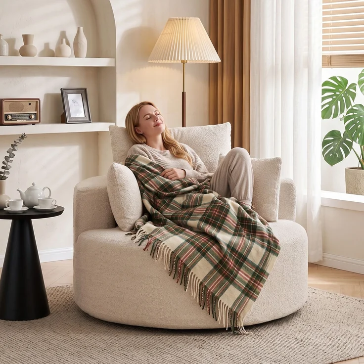 Runder Chenille-Sitzsack, große Sitzfläche, 2 Kissen, 1 Rückenlehne, 1 Nackenrolle, Belastbarkeit 250 kg, 130 x 130 x 82 cm, Creme – Bild 10