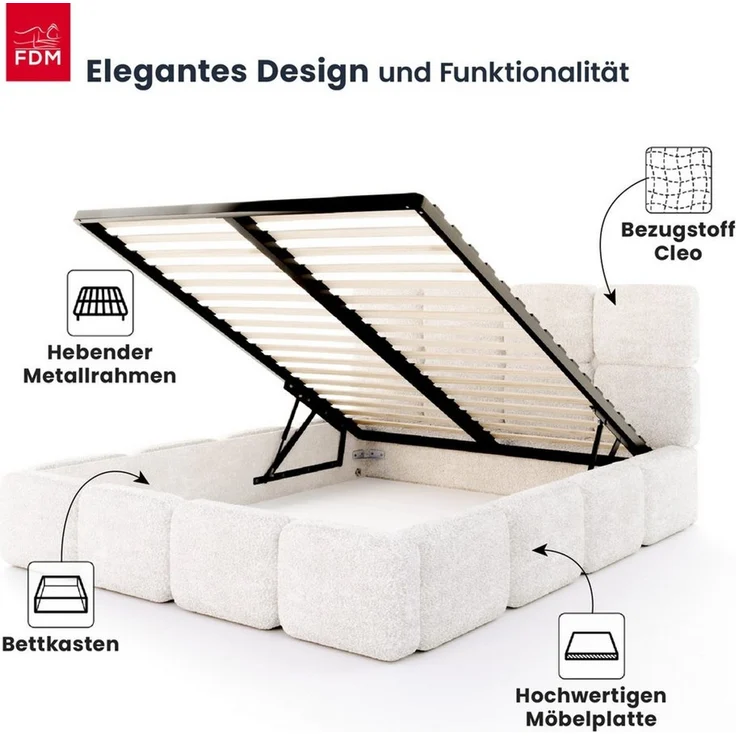 FDM Polsterbett CLOUDY Bettgestell Bett 140x200, 160x200, 180x200 cm Bestseller (verfügbar 140x200 160x200 180x200cm, Bettrahmen, Bett, mit großen gepolsterten Kopfteil, mit Bettkasten zum aufklappen), Hebbarer Metallrahmen, Bettkasten, ohne Matratze – Bild 2
