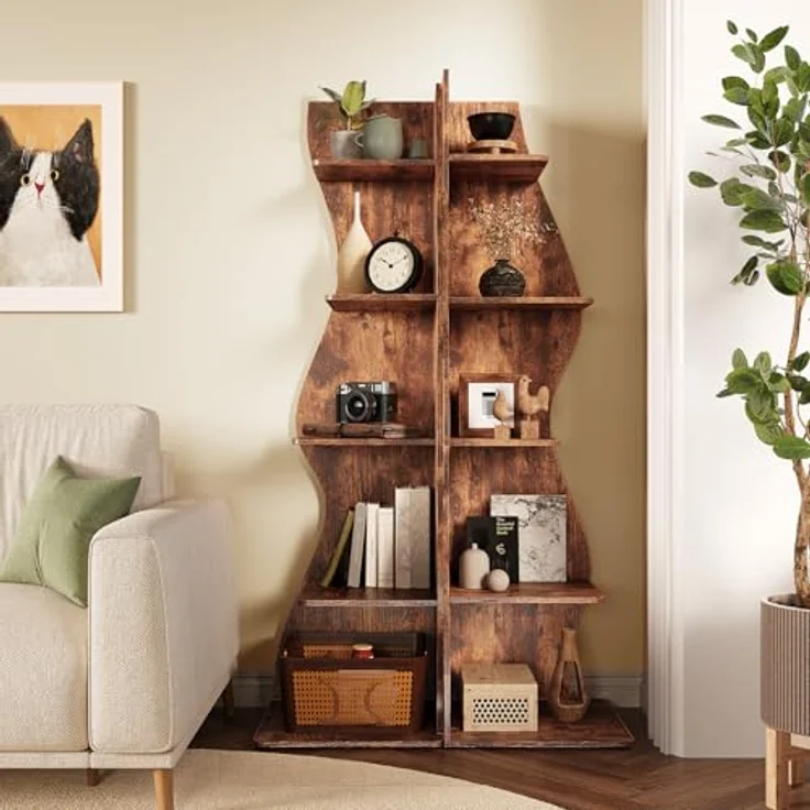 LITTLE TREE Bücherregal Ecke, Modernes Regal Schmal mit 6 Ebenen, 50 x 48 x 179 cm Bücherregal Holz, Standregal mit Wellen-Design für Kleine Räume, Wohnzimmer & Schlafzimmer, Rustikal, 2er Pack – Bild 9