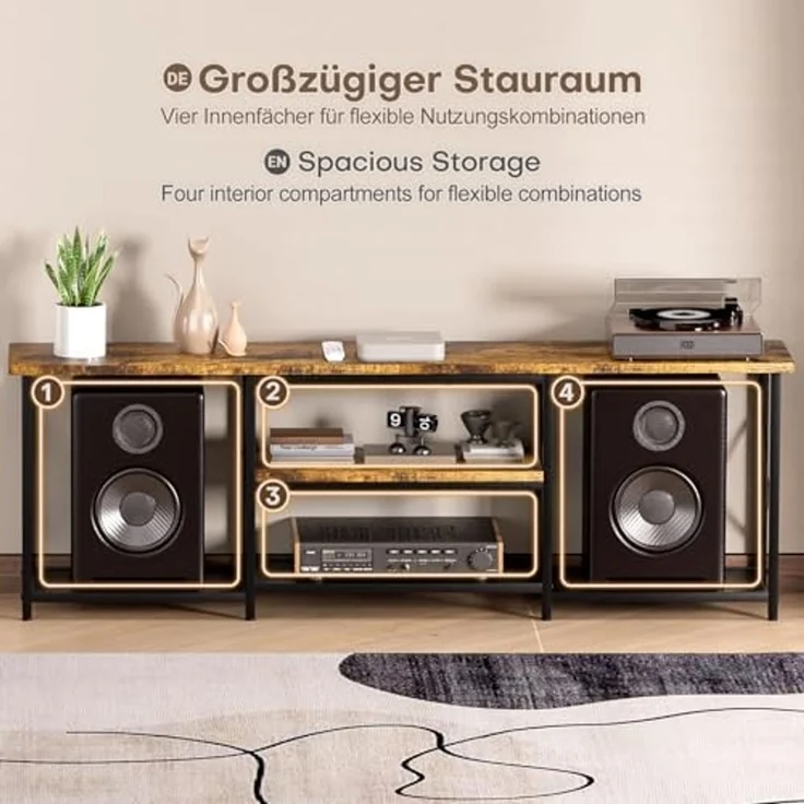 Yorbay Lowboard TV Schrank für Fernseher bis zu 70 Zoll,160 Breite mit offene Fächer, Schwarz & Retro Holzfarben - Für Wohnzimmer & Schlafzimmer – Bild 4