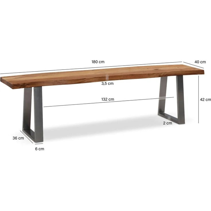 Esszimmerbank 180x40x45,5 cm Akazie Massivholz / Metall mit Baumkante, Esstis... – Bild 4