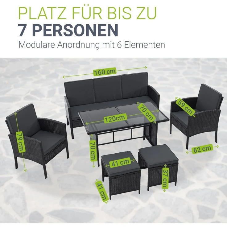 Juskys Polyrattan Gartenmöbel Sitzgruppe Turin Set 6 teilig inkl. Abdeckung - 7 Personen - Outdoor Möbel mit Sessel, Hocker, Tisch & Kissen - Garten Loungemöbel Schwarz – Bild 5