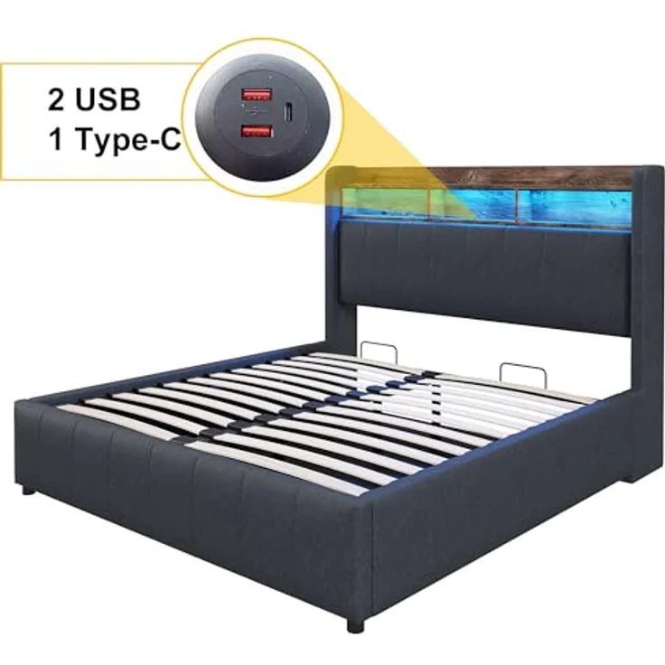 Ball & Cast Polsterbett (140x200 cm) mit hydraulischem Stauraum, Doppelbett mit Beleuchtung und USB-Ladefunktion, Einfach & Zeitsparend Montierbar, Grau – Bild 10
