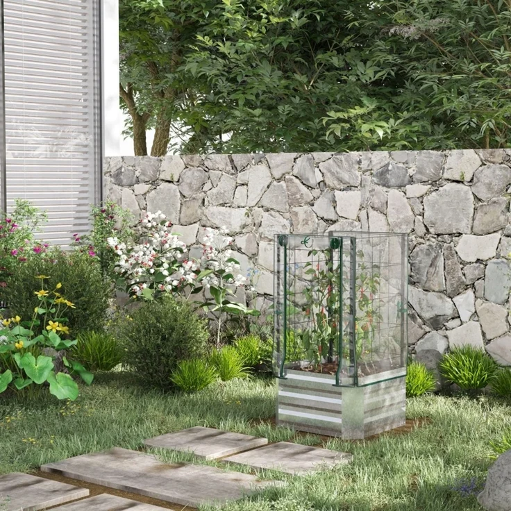 Wohnora-Hochbeet Set Pflanzkasten mit Kunststoffabdeckung und Rankgitter für Kletterpflanzen 53x53x90cm ideal für Garten und Balkon,H 90cm x T 53cm x B 53cm,Silber – Bild 3