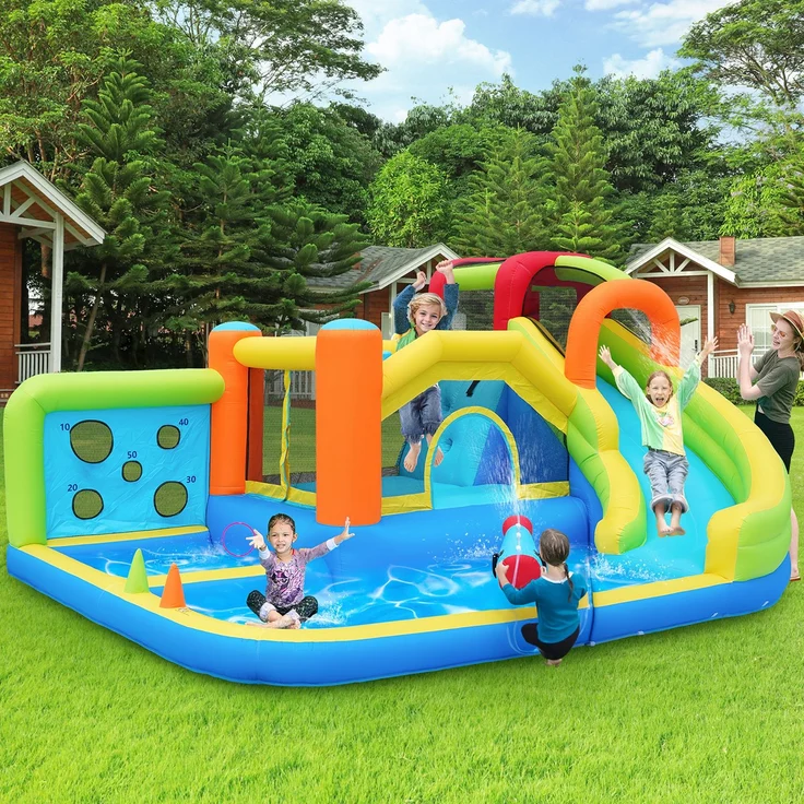 LVHOM Aufblasbare Hüpfburg mit Gebläse, Spielpool, Trocken-/Wasserrutsche, Springburg Outdoor, Wasserpark mit Trampolin, Planschbecken, 410 x 315 x 203cm – Bild 2