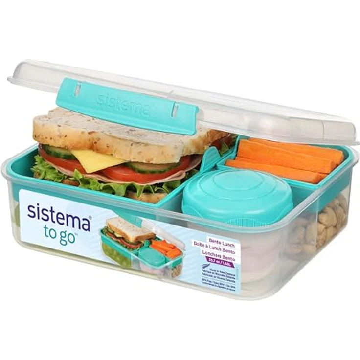 Sistema Bento Box TO GO Brotdose mit Fächern | 1,65 L Lunchbox mit Joghurt- /Fruchtbehälter | Lunchbox Kinder & Erwachsene | Blaugrün – Bild 2