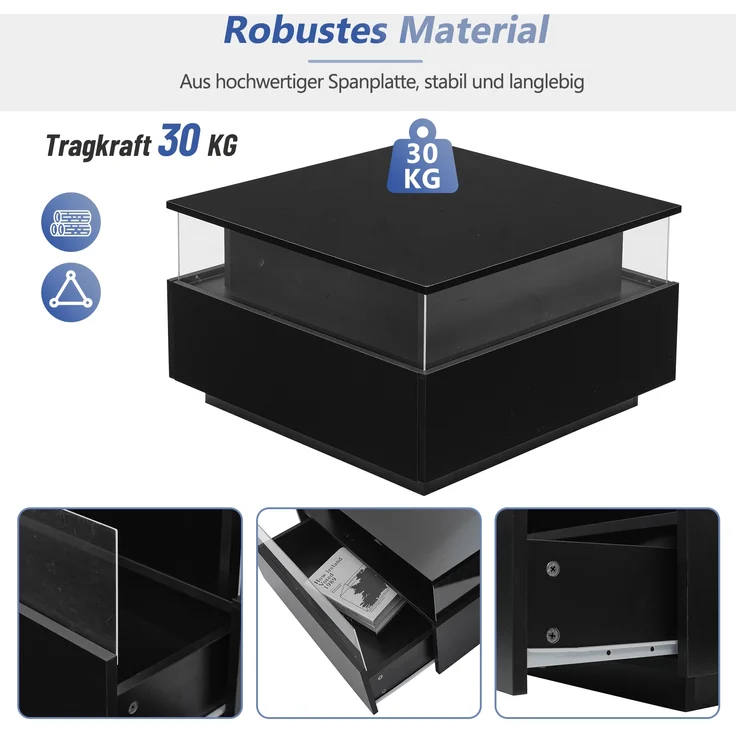 Couchtisch, Hochglanz, mit LED-Beleuchtung, 2 Schubladen & transparentem Display, 70x70x41 cm, Schwarz – Bild 9