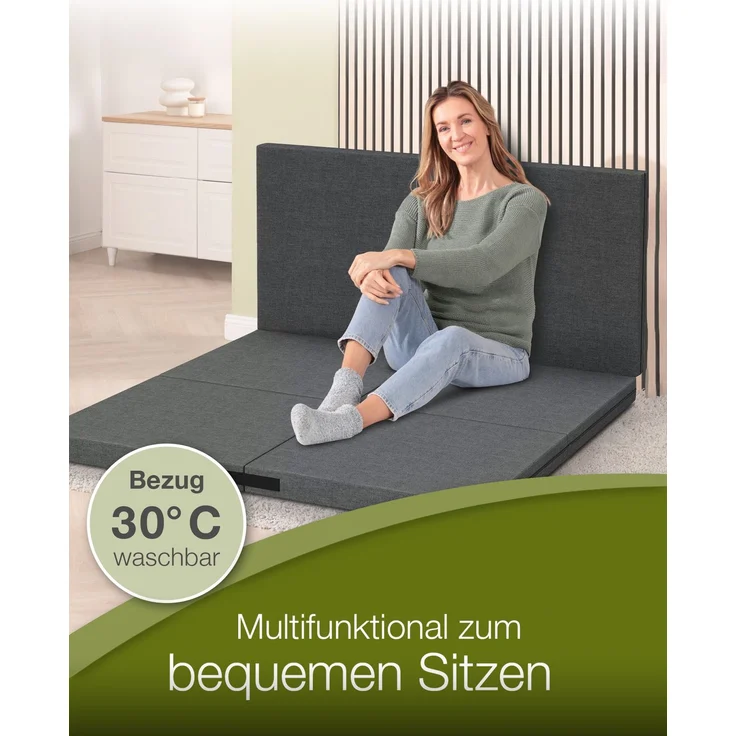 dibea 3-in-1 Klappmatratze: Gästebett, Sitzwürfel & Beistelltisch in einem, abnehmbarer Bezug & Husse mit Taschen, 140x200x8 cm, grau – Bild 6