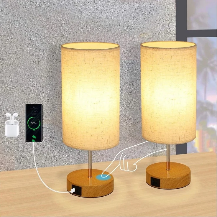 Nettlife Tischleuchte Type-c und USB Tischlampe mit Stoff Lampenschirm, mit USB Ladefunktion, LED fest integriert, Warmweiß, Schlafzimmer Wohnzimmer Nachttisch Geschenk – Bild 1