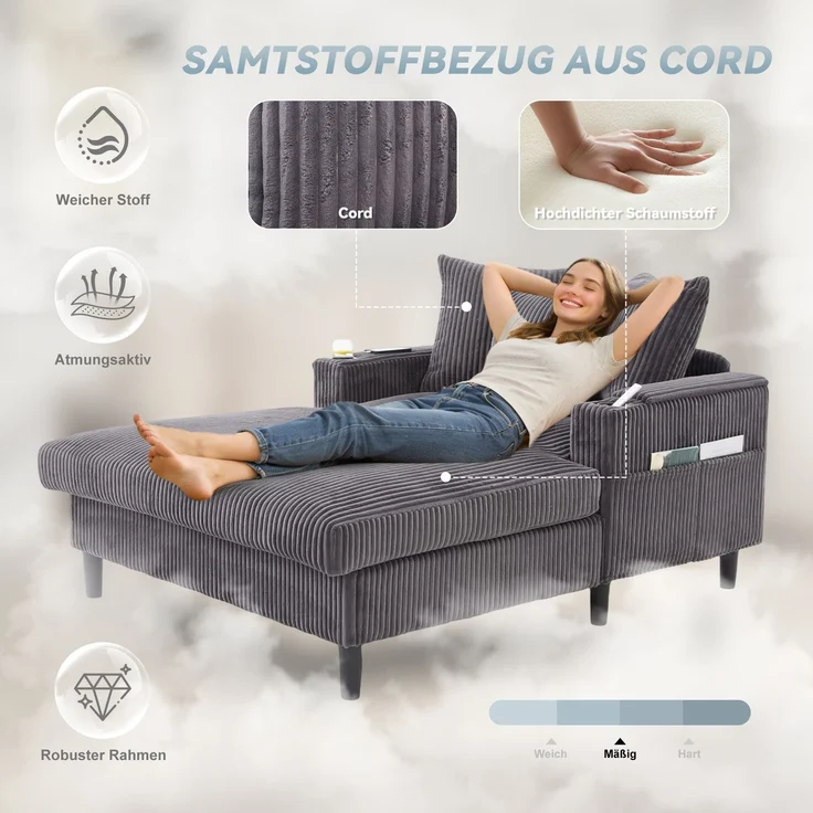 LVHOM Schlafsofa mit LED & USB, Chaiselongue mit Becherhalter & Stauraum, großes Einzelsofa bis 300kg belastbar, inkl. 3 Kissen, 129x170cm, Grau – Bild 6