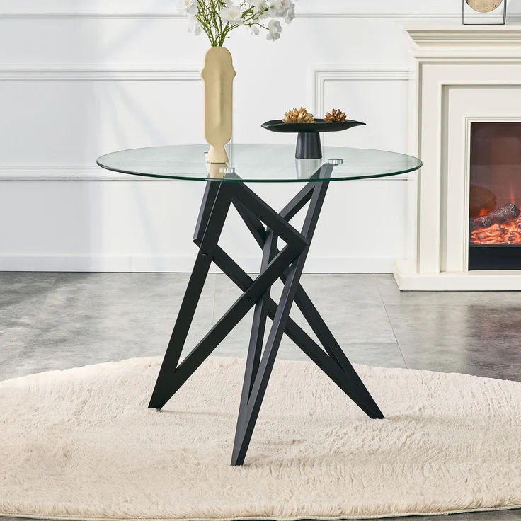 Runder Glas-Couchtisch Ø ca. 85 cm, moderner Wohnzimmertisch mit geometrischem Design-Untergestell, gehärtete Glasplatte, stabiler Beistelltisch für Wohnzimmer – Bild 3