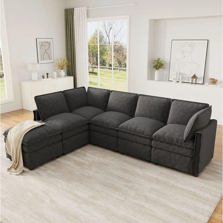 DESVIAE Sofa Grau aus Chenille – 344x91x127 cm – modular, Schlaffunktion, Hocker