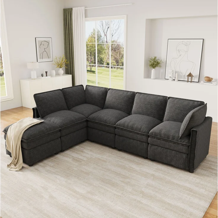 DESVIAE Sofa Grau aus Chenille – 344x91x127 cm – modular, Schlaffunktion, Hocker – Bild 1