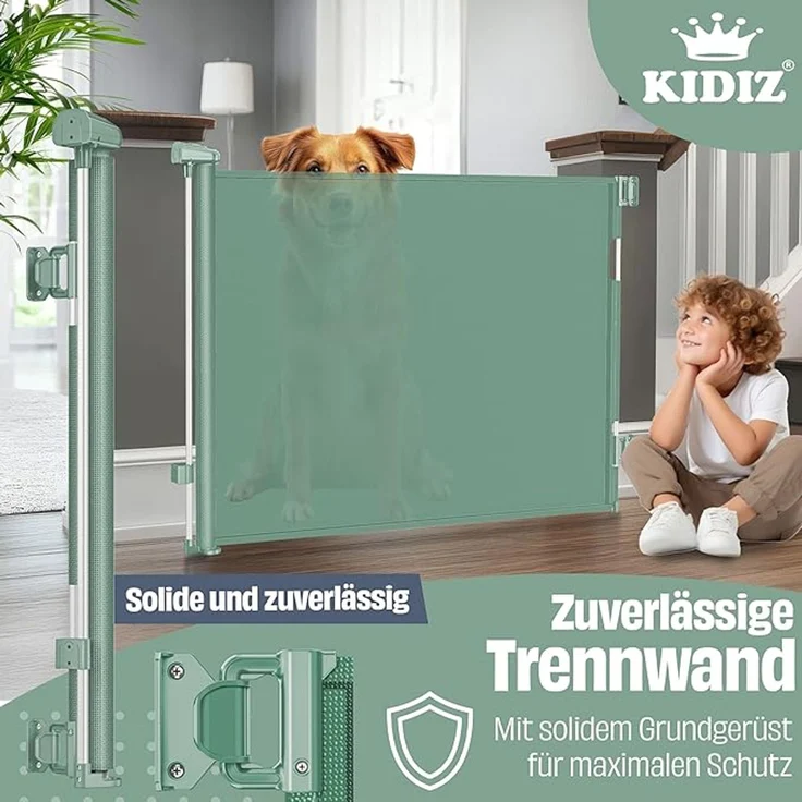 KIDIZ® Treppen- und Türschutzgitter, ausziehbar bis 140/180cm, kindersicheres Treppengitter für Babys, Haustiere, Treppen & Türen, inkl. Bodenanker & Montagezubehör, Dunkelgrün, 180 x 86 cm – Bild 2