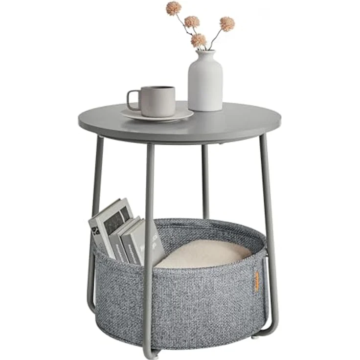 VASAGLE Beistelltisch rund, Kleiner Tisch, Couchtisch klein, Wohnzimmertisch, Korb aus Stoff, Stauraum für Wohnzimmer Schlafzimmer, Nachttisch modern, Taubengrau-schiefergrau LET223GD01 – Bild 1