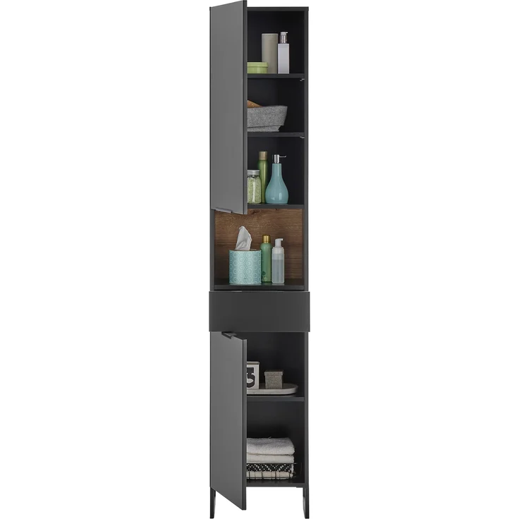 Hochschrank >Denver< 2 Türen, 1 Schublade, schwarz / eiche dekor - 38x195x32cm (BxHxT) – Bild 4