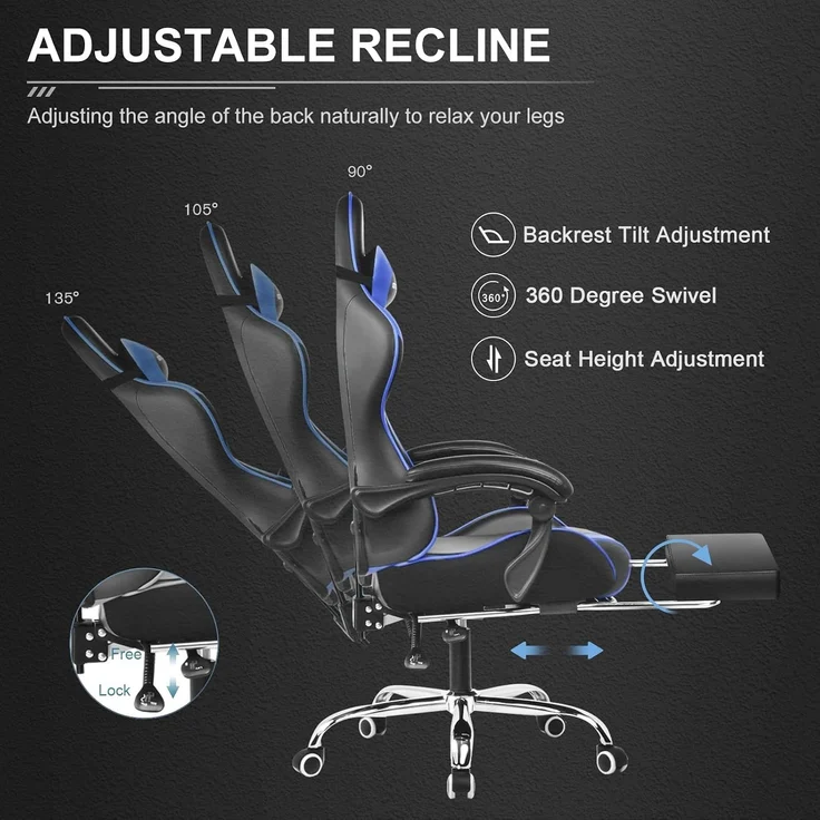GTPLAYER Bürostuhl Gaming Stuhl Gaming Sessel Ergonomischer Gamer Stuhl mit Fußstütze, Kopfstütze Lendenkissen, Gepolstert Gaming Chair, Drehsessel Blau – Bild 5